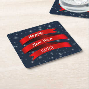 Change Year Text Happy New Year 20xx Red Ribbon Square Paper Coaster