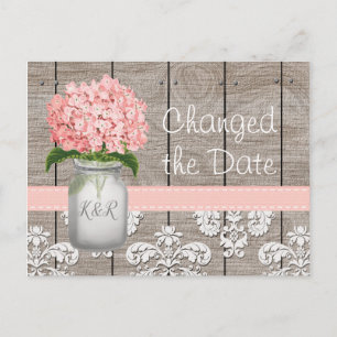 Changed the Date Monogram Pink Hydrangea Mason Jar Postcard