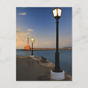 Chania Harbour and Venetian lighthouse at sunset Postcard