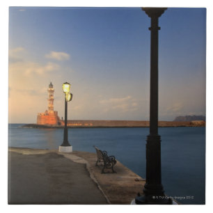 Chania Harbour and Venetian lighthouse at sunset Tile