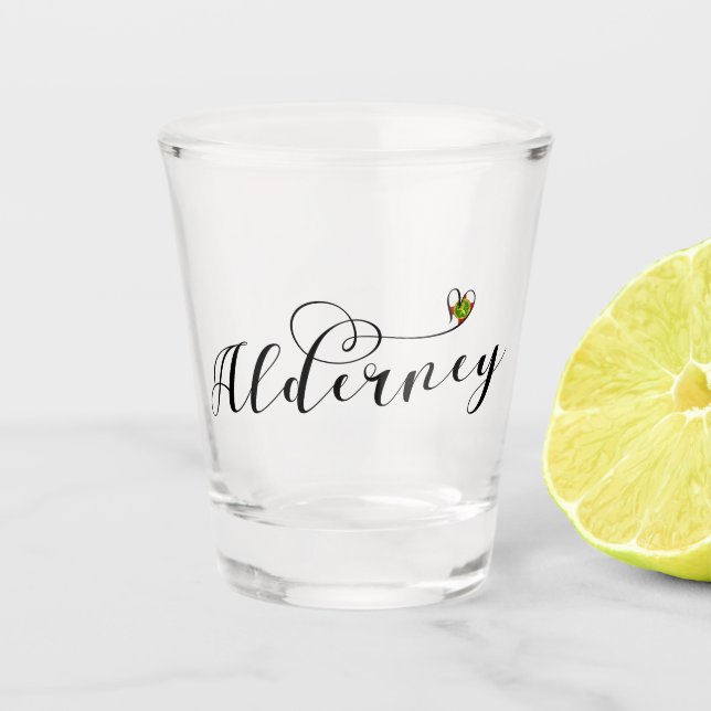 Channel Islands, Alderney Flag Heart, Shot Glass (Front)
