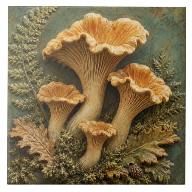 Chanterelle Mushrooms and Woodland Ferns Tile (Front)