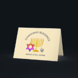Chanukah Blessings | BARUCH ATAH ADONAI | Hanukkah Card<br><div class="desc">Stylish, modern CHANUKAH Greeting Card. Design shows a gold coloured MENORAH with multicolored STAR OF DAVID and silver grey DREIDEL. At the top there is curved text which says CHANUKAH BLESSINGS and underneath the text reads BARUCH ATAH, ADONAI (Blessed are You, O God). On the inside, there is another menorah...</div>