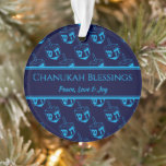 CHANUKAH BLESSINGS Customised Dreidel Blue Cyan Ornament<br><div class="desc">Stylish, elegant ornament for your HANUKKAH decor. Design shows a cyan dreidel print in a tiled pattern with customisable placeholder text which you can replace with your own choice of greeting and text. The colour scheme is midnight blue and cyan. Other versions are available. Matching items can be found in...</div>