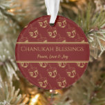 CHANUKAH BLESSINGS Customised Dreidel Burgundy Ornament<br><div class="desc">Stylish, elegant ornament for your HANUKKAH decor. Design shows a gold-coloured dreidel print in a tiled pattern with customisable placeholder text which you can replace with your own choice of greeting and text. The colour scheme is burgundy and gold. Other versions are available. Matching items can be found in the...</div>