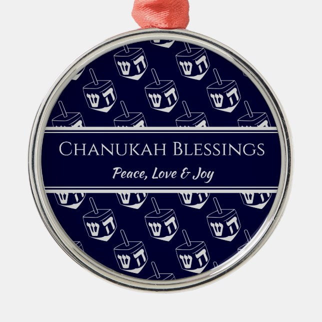 CHANUKAH BLESSINGS Customised | Dreidel GRAY Metal Tree Decoration (Front)