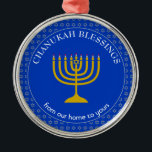 CHANUKAH BLESSINGS | Menorah | Hanukkah Metal Tree Decoration<br><div class="desc">Stylish Cobalt Blue CHANUKAH BLESSINGS Metal Ornament with faux silver Star of David in a tiled pattern in the background, and a faux gold menorah at the centre. The text reads CHANUKAH BLESSINGS FROM OUR HOME TO YOURS and is CUSTOMIZABLE, so you can amend the message as desired, or replace...</div>