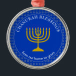 CHANUKAH BLESSINGS | Menorah | Hanukkah Metal Tree Decoration<br><div class="desc">Stylish Cobalt Blue CHANUKAH BLESSINGS Metal Ornament with faux silver Star of David in a tiled pattern in the background, and a faux gold menorah at the centre. The text reads CHANUKAH BLESSINGS FROM OUR HOME TO YOURS and is CUSTOMIZABLE, so you can amend the message as desired, or replace...</div>