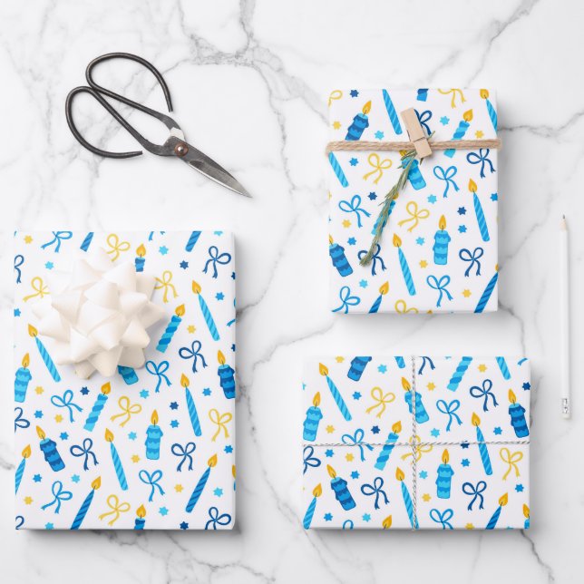 Chanukah Candles Burning White Blue Gold Wrapping Paper Sheet (Front)