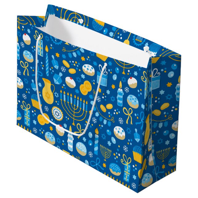 Chanukah Celebrating Gelt Blue Large Gift Bag (Front Angled)