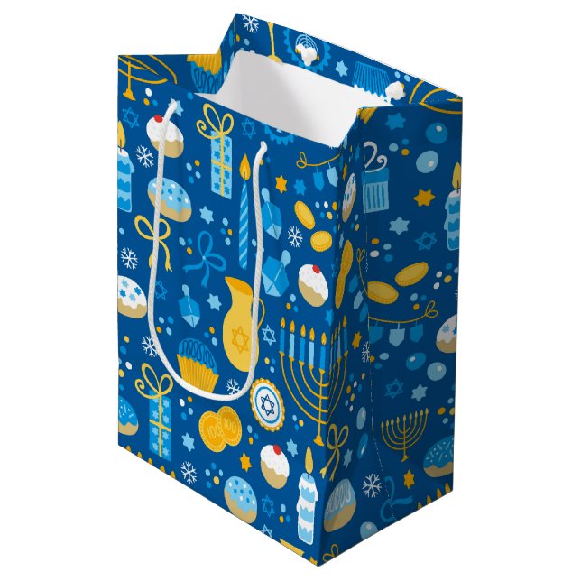 Chanukah Celebrating Gelt Blue Medium Gift Bag (Front Angled)