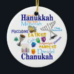 Chanukah Collage/Light the Lights Ceramic Tree Decoration<br><div class="desc">Chanukah ornament features symbols and words for the holiday. Back reads: Light the Lights.</div>