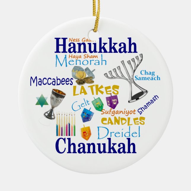 Chanukah Collage/Light the Lights Ceramic Tree Decoration (Front)