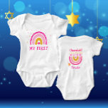 Chanukah Cute Personalised Menorah Rainbow  Baby Bodysuit<br><div class="desc">Personalise this Baby's First Chanukah Rainbow Menorah Chanukah. Hanukkah Baby Bodysuit. The popular Rainbow design that flips over to become a cheerful Hanukkah/ Chanukah menorah on the Reverse will surely make everyone smile! This adorable gift is a fun way to celebrate a new baby and the Holiday of Hanukkah. All...</div>