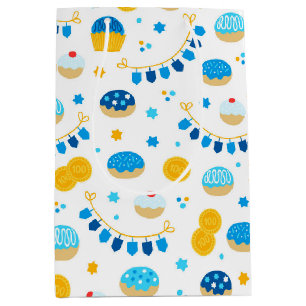 Chanukah Dreidels Doughnuts Gold Blue White Medium Gift Bag