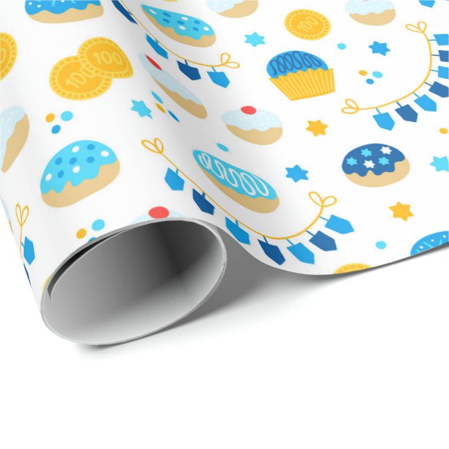 Chanukah Dreidels Doughnuts Gold Blue White Wrapping Paper (Roll Corner)