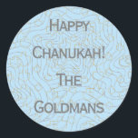 Chanukah "Dreidels/Stars/Blue" Stickers Round<br><div class="desc">Chanukah/Hanukkah "Dreidels and Stars/Blue" Stickers Round. Silver and Gold "Dreidels and Stars" Have fun using these stickers as cake toppers, gift tags, favour bag closures, or whatever rocks your festivities! Personalise by deleting "Happy Chanukah The Goldmans" and adding your own words, using your favourite font style, size, and colour. The...</div>