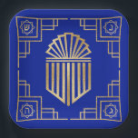 Chanukah/Hanukkah Art Deco Gold Blue Dreidels Paper Plate<br><div class="desc">Hanukkah/Chanukah, Art Deco Dreidel design. This gold, fancy, shmancy dreidel design can be personalised by changing out background colour, and adding text anywhere on plate using your favourite font colour, size, and style. Thanks for stopping and shopping by. Much appreciated! Happy Chanukah/Hanukkah! Size and Style: 9" Square Paper Plate Throw...</div>