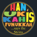 Chanukah/Hanukkah "HanukkahFunukka" Stickers Round<br><div class="desc">Chanukah/Hanukkah "Hanukkah Is Funukkah" Stickers Round. Have fun using these stickers as cake toppers, gift tags, favour bag closures, or whatever rocks your festivities! Personalise by deleting "... says the Steins" and adding your own words, using your favourite font style, size, and colour. The background can be changed by choosing...</div>