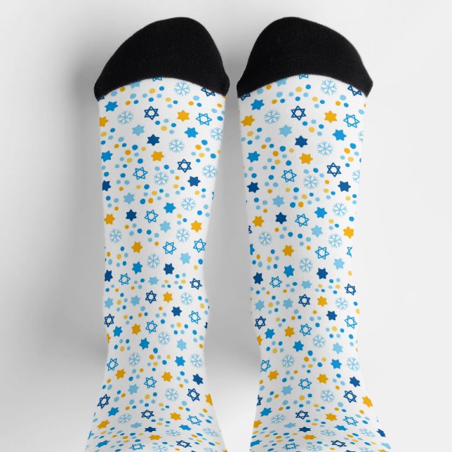Chanukah Jewish Stars Snowflakes White Blue Gold  Socks (Top)