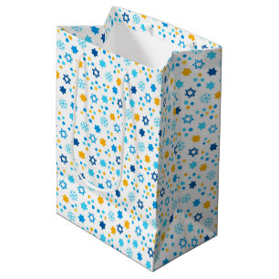Chanukah Jewish Stars Snowflakes White Medium Gift Bag