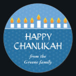 Chanukah Menorah Classic Round Sticker<br><div class="desc">Today's Best Award - September 14, 2010 Light the menorah and share your joy on Chanukah. A photocard that showcases your loved ones crowned by a fully-lit Chanukah menorah. All text is customisable and sits against panels of royal and light blue with a subtle circle pattern. Available in alternate colours...</div>