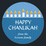 Chanukah Menorah Classic Round Sticker<br><div class="desc">Today's Best Award - September 14, 2010 Light the menorah and share your joy on Chanukah. A photocard that showcases your loved ones crowned by a fully-lit Chanukah menorah. All text is customisable and sits against panels of royal and light blue with a subtle circle pattern. Available in alternate colours...</div>