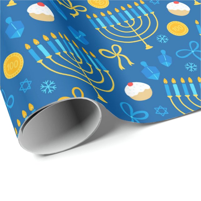 Chanukah Menorah Gelt Dreidel Blue Wrapping Paper (Roll Corner)