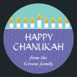 Chanukah Menorah Sticker<br><div class="desc">Light the menorah and share your joy on Chanukah. A holiday message crowned by a fully-lit Chanukah menorah prints against panels of purple and teal with a subtle circle pattern. Available in alternate colours with matching postage,  photocards,  cards and labels.</div>