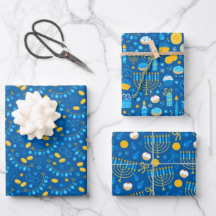 Chanukah Mixed Set of Dark Blue Patterns Wrapping Paper Sheet