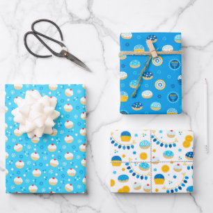 Chanukah Mixed Set of Jelly Doughnut Patterns Wrapping Paper Sheet