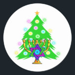 Chanukkah and Christmas Classic Round Sticker<br><div class="desc">Featuring a chanukah menorah in front of a Christmas tree bringing out the spirit of the holidays.</div>