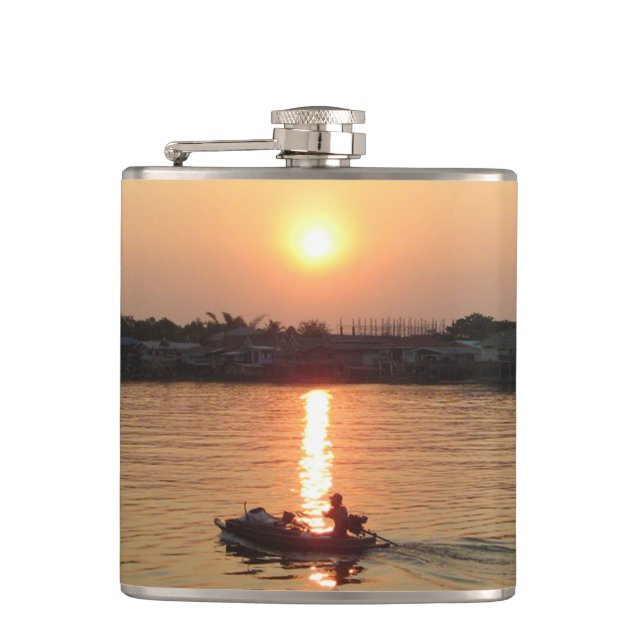 Chao Phraya River Sunset ... Ayutthaya, Thailand Hip Flask (Front)