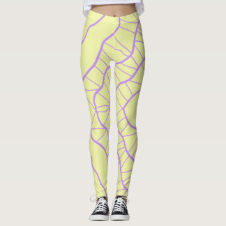 Chaos Abstract Yellow with Purple Wavy Lines Leggings