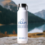 Chaos Coordinator Blue Calligraphy Script Name Water Bottle<br><div class="desc">Chaos Coordinator Blue Calligraphy Script Name Insulated Water Bottle features a simple design of the text "chaos coordinator" in a fun blue calligraphy script with your personalised name below. Perfect gift for birthday, Christmas, Mother's Day, teacher appreciation for that busy mum, teacher, sports team manager or work boss. Designed by...</div>