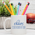 Chaos Coordinator Modern Blue Script Coffee Mug<br><div class="desc">A simple design of "chaos coordinator" in a fun blue typographic text. Perfect for that busy mum,  dad,  coach,  teacher,  sports team manager or work boss #coffee #coffeemugs #mugs #coffeelove #coffeelover #gift #gifts #giftsforher #girlboss #momboss #momlife #dadlife #dad #fathersday #coach</div>