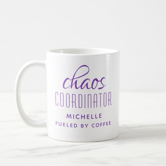 Chaos Coordinator Purple Typography Personalised Coffee Mug (Left)