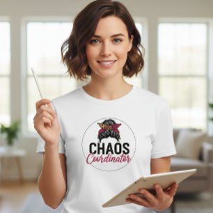Chaos Coordinator Shirt with Messy Bun and Leopard
