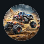 Chaos on Wheels: Monster Truck Smash Derby, Dartboard<br><div class="desc">Under the roaring applause of an electrified crowd, massive monster trucks thunder into an arena of chaos and destruction. Towering tires kick up clouds of dust as these mechanical beasts collide, crush, and leap with reckless abandon. The metallic symphony of crunching steel and revving engines fills the air, accompanied by...</div>