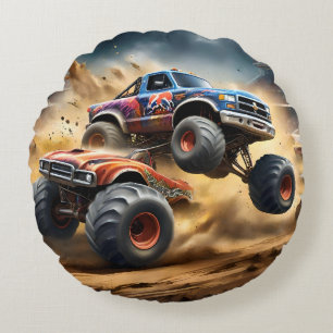 Chaos on Wheels: Monster Truck Smash Derby Round Cushion