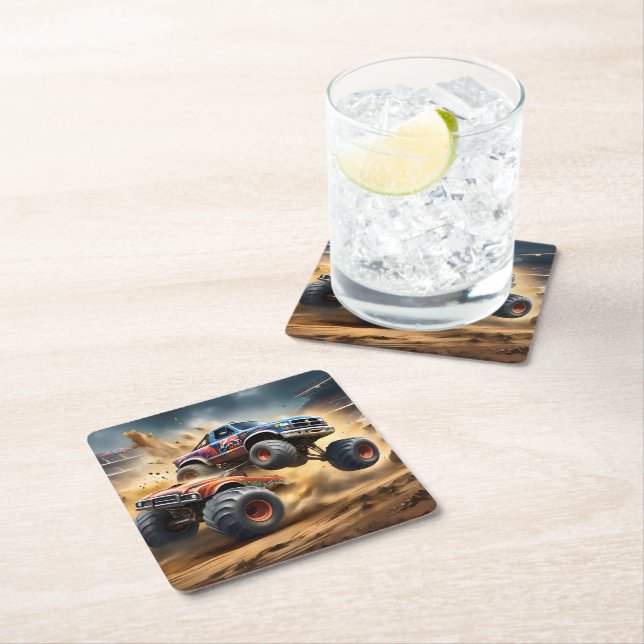 Chaos on Wheels: Monster Truck Smash Derby, Square Paper Coaster (Insitu)