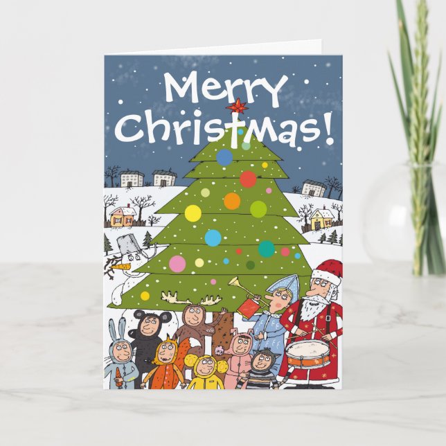 Chaotic Christmas Festive Scene Around Tree Holiday Card (Front)