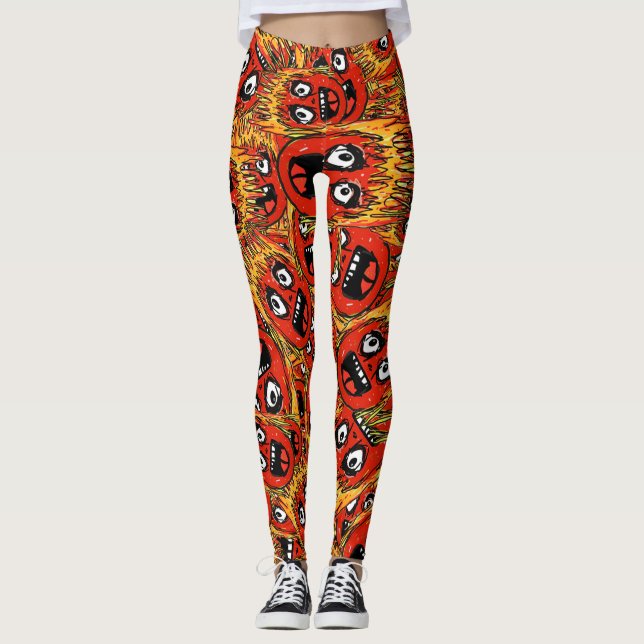 Chaotic fiery cartoon faces  leggings (Front)