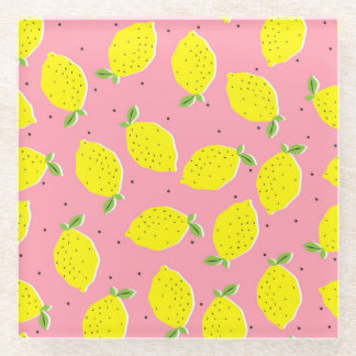 Chaotic Lemons Pink Polka: Citrus Pattern Glass Coaster
