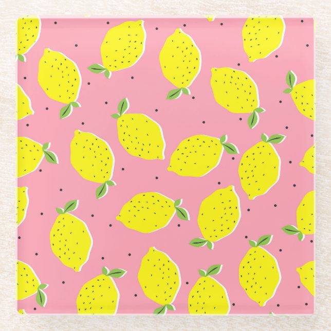 Chaotic Lemons Pink Polka: Citrus Pattern Glass Coaster (Front)