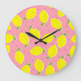 Chaotic Lemons Pink Polka: Citrus Pattern Large Clock