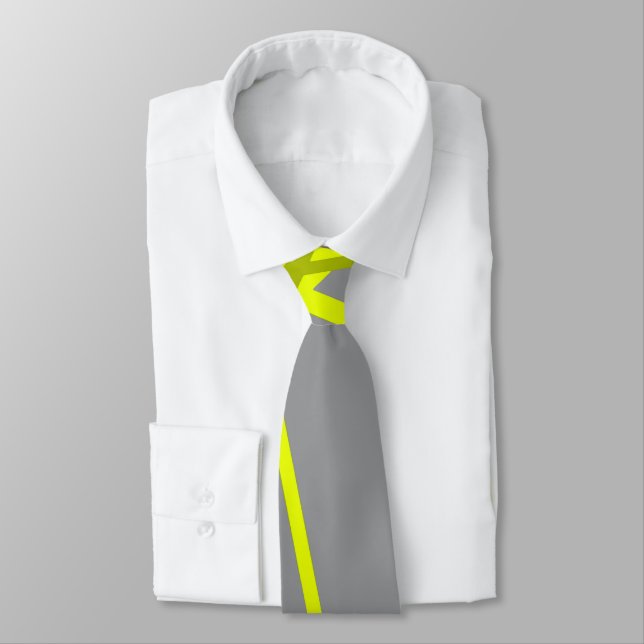 Chaotic Yellow Lines on Grey Retro Modern Pattern Tie (Tied)