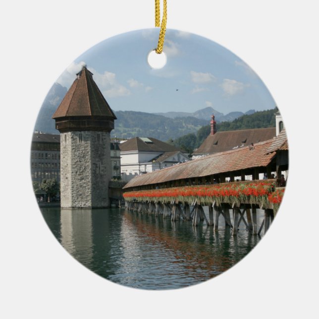 Chapel Bridge, Lucerne, Switzerland Ceramic Tree Decoration (Front)