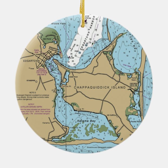 Chappaquiddick Island Nautical Chart Ceramic Tree Decoration (Back)