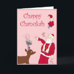 Chappy Chanukah Holiday Card<br><div class="desc">This card features a rabbi-like Santa,  an elf playing dreidel and the Rednose Reindeer with a menorah instead of antlers.  Yeah,  pretty much the typical inter-faith family.</div>
